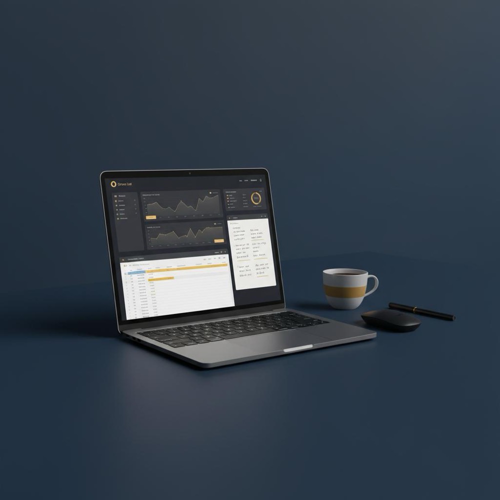 Minimalist workspace with laptop showing a searchable dashboard, spreadsheet and notes on a dark #0B1E33 background with Orvus Ltd accents #C8A45D - Semrush review