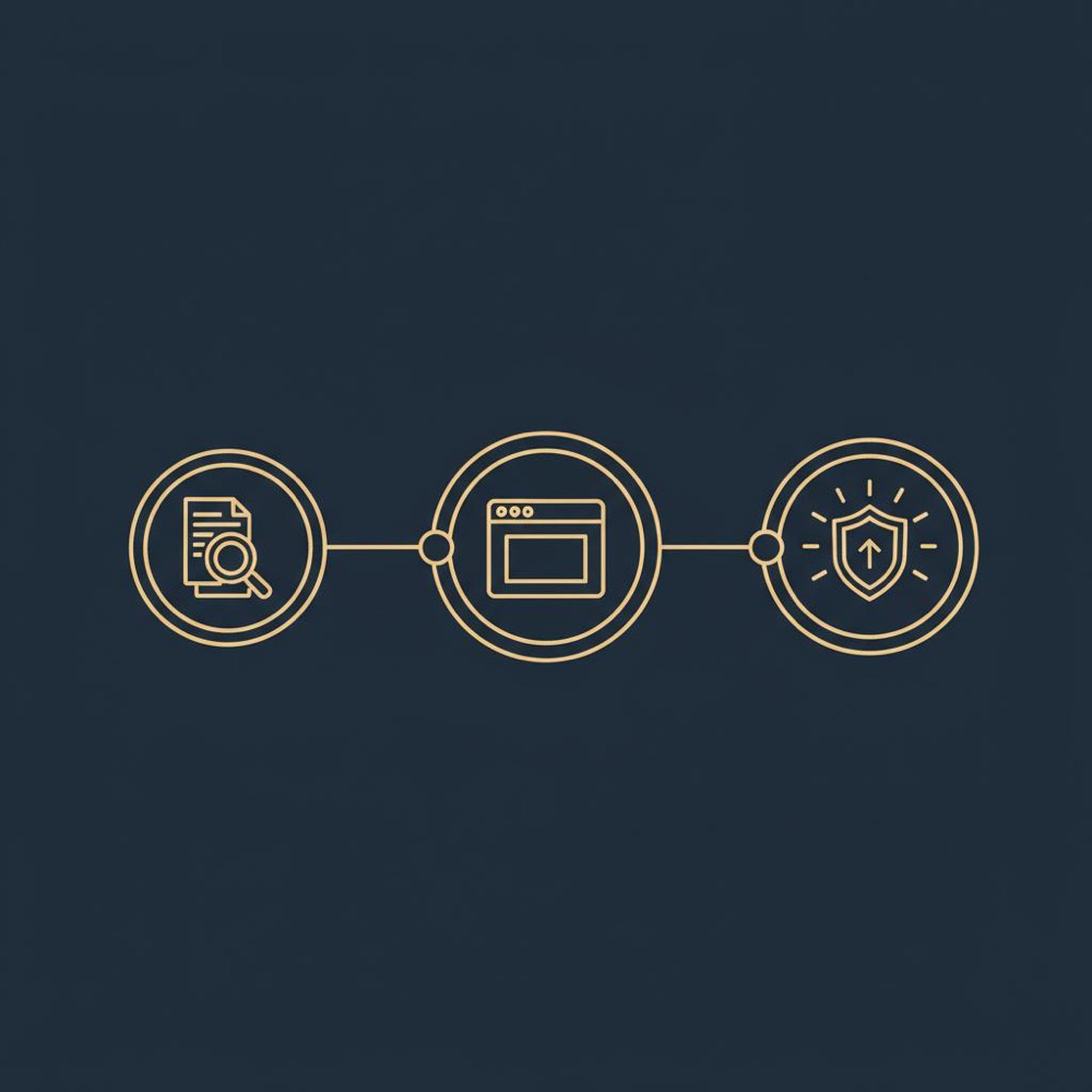 Minimalist 2D vector infographic timeline with three icons for indexing, on-page, and authority on a dark navy background. how long does it take to see SEO results