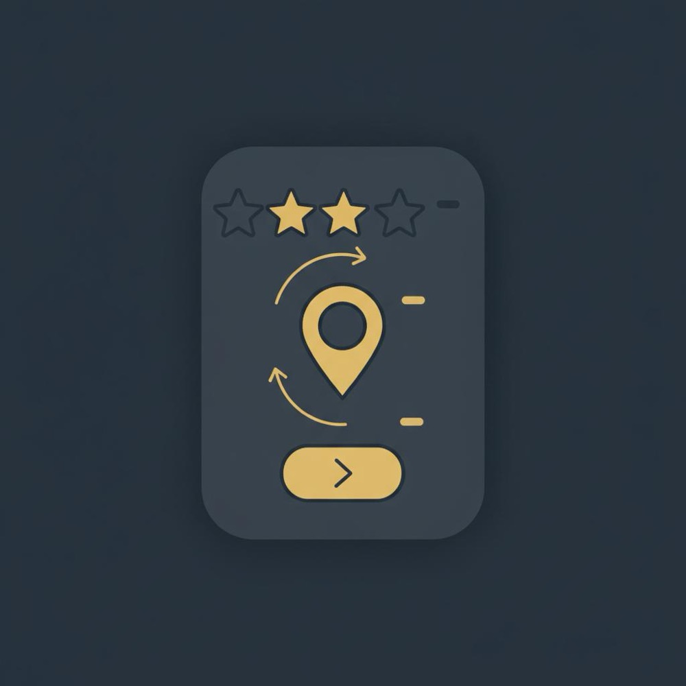 Minimal 2D vector infographic card on dark blue background showing stacked review stars, map pin, and booking button icons connected by arrows - local SEO