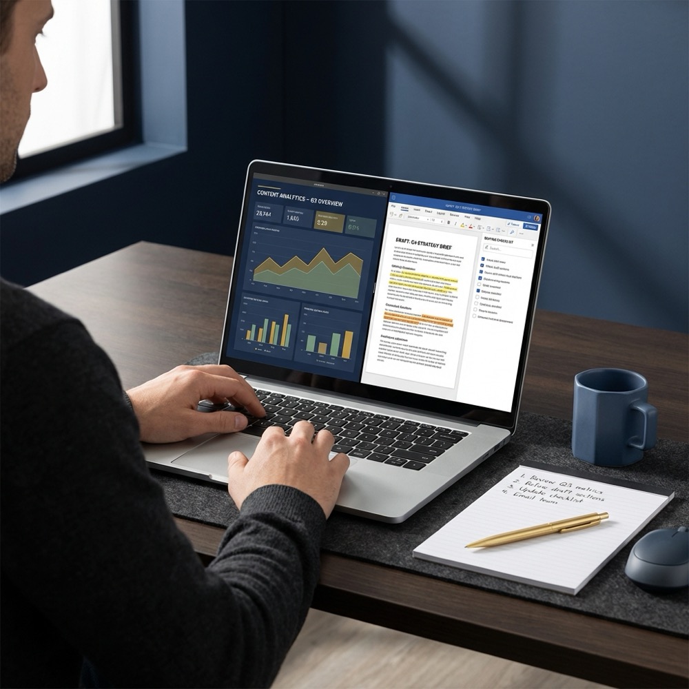 Operator at a minimalist navy desk reviewing analytics and content drafts on a laptop with notes and a checklist nearby seo optimized content