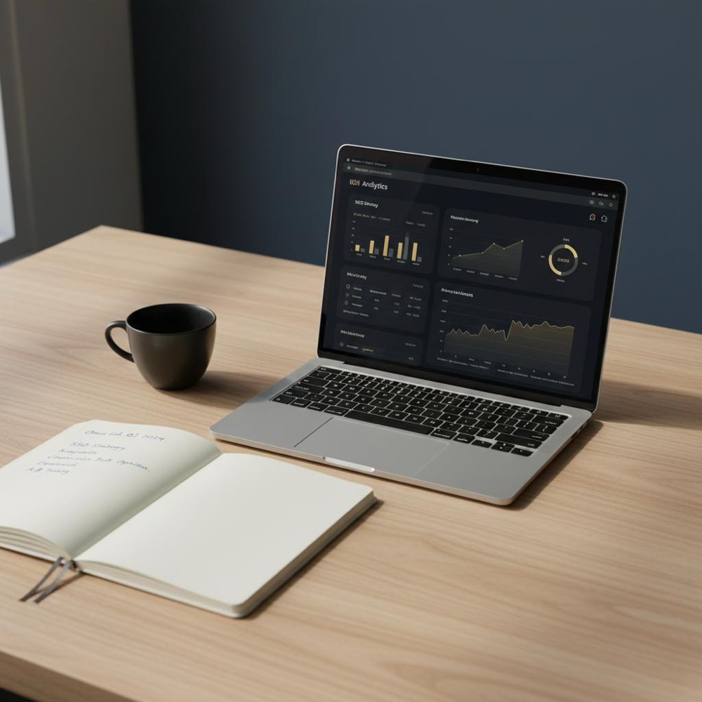 Clean desktop with analytics dashboard, notebook of keyword tests and coffee cup; subtle Orvus Ltd. brand accents, visual context for the difference between SEO and SEM.