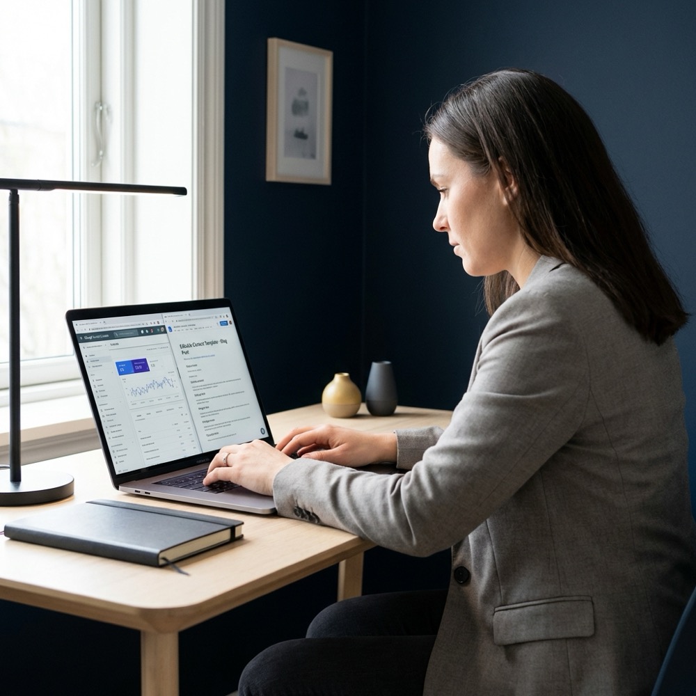 Operator typing at laptop showing Search Console and content templates on screen for seo optimization in a minimalist navy Orvus Ltd workspace