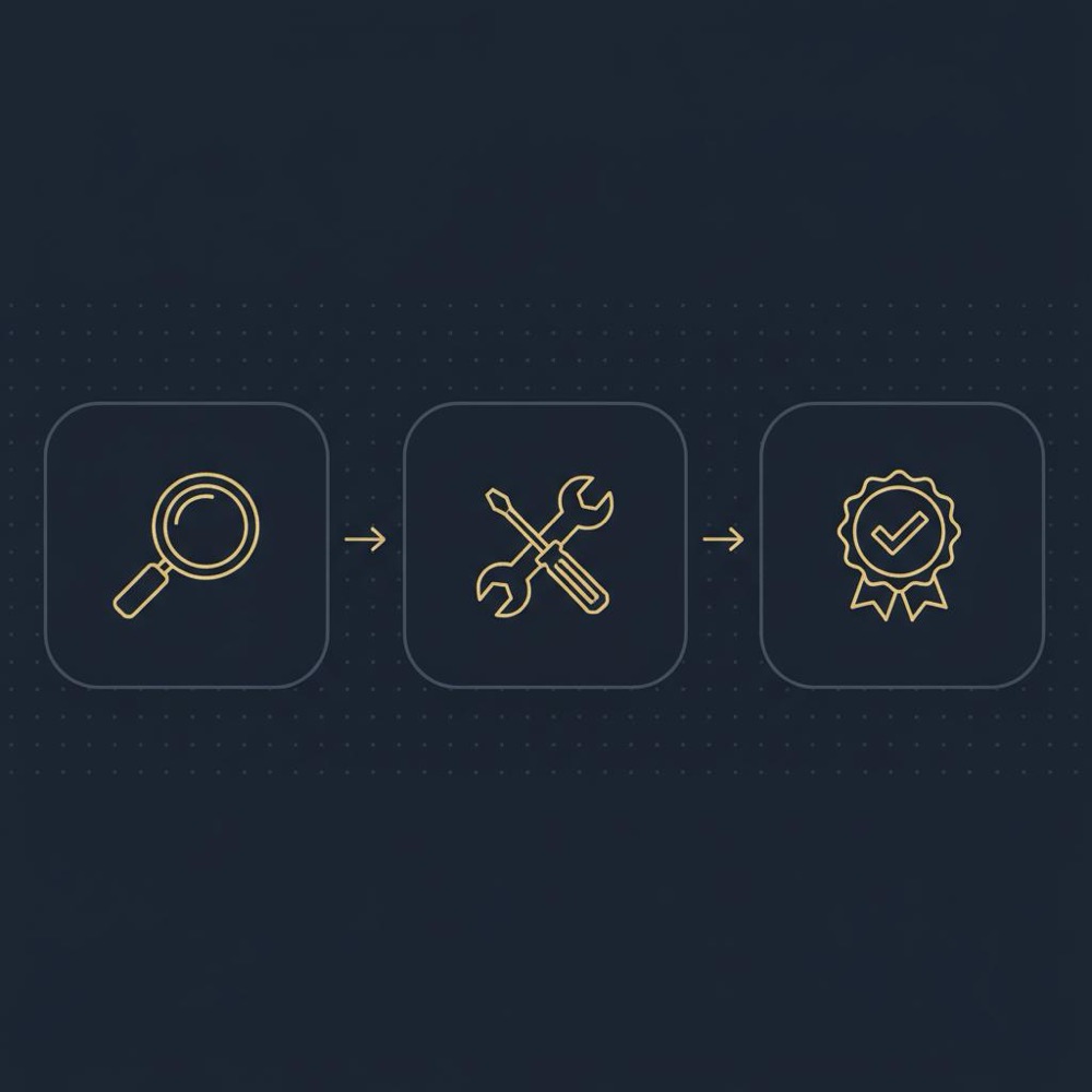 Minimal vector infographic for website optimization showing a three-step icon checklist (crawl, fix, test) in Orvus Ltd brand colors on a dark navy background.