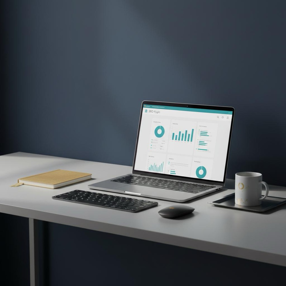 Minimalist workspace with a laptop showing a Rank Math review dashboard in Orvus Ltd. brand colors (#0B1E33 background, #C8A45D accents), clean professional layout