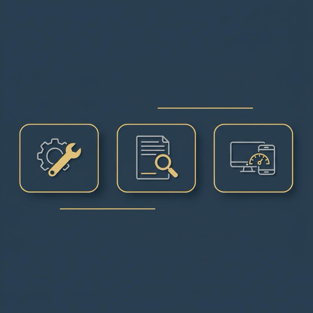 Minimal 2D vector three-step infographic on dark blue background with icons representing setup tools, indexing &amp; titles, and page experience for beginner SEO.