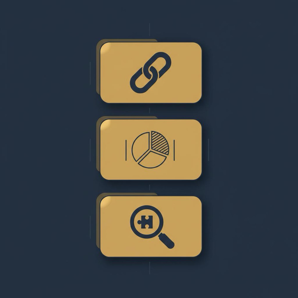 Minimal 2D vector infographic of three stacked cards with icons for backlinks, traffic mix, and keyword gap in Orvus Ltd brand colors, best competitor analysis tool
