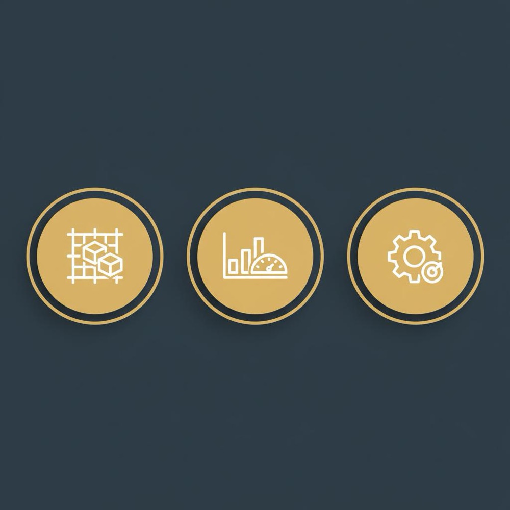 Minimal 2D vector infographic of three circular icons representing architecture, measurement and automation on a navy brand background for best SEO companies