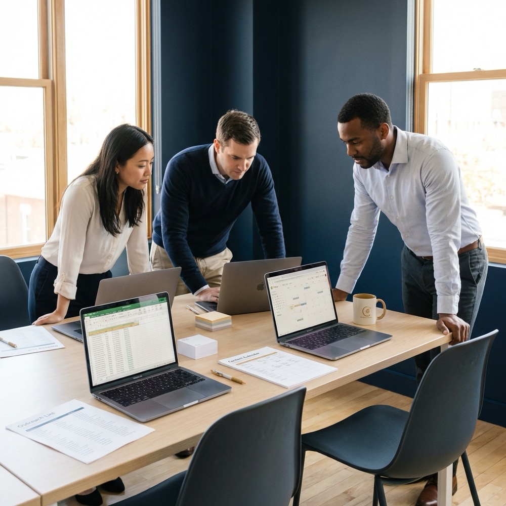 Small marketing team collaborating over laptops and outreach lists in a clean Orvus Ltd branded workspace for off page seo