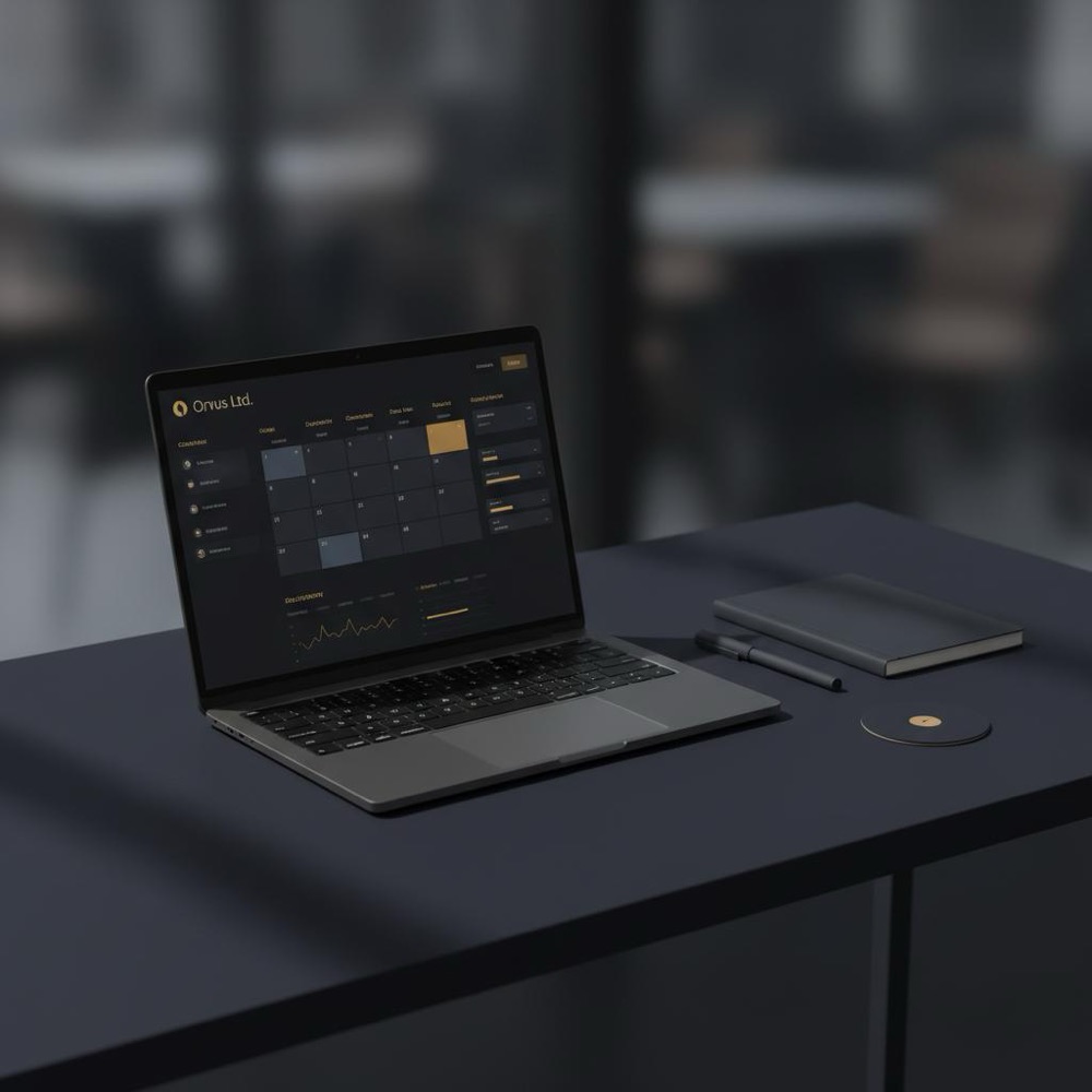 Laptop showing a minimalist content planning dashboard focused on white hat SEO, natural light, Orvus Ltd. colors with dark navy background #0B1E33 and #C8A45D accents