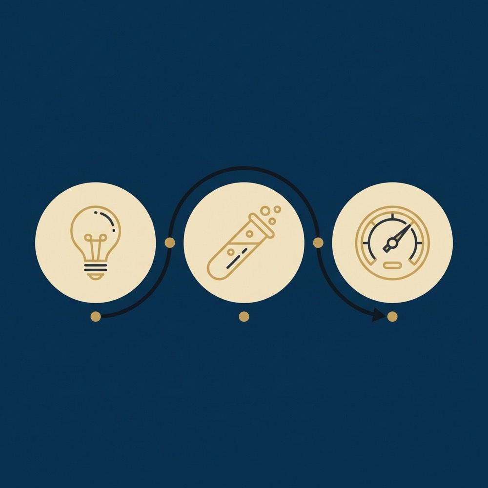 Minimal 2D vector infographic showing a three step testing workflow for writing a hook with icons for ideate test measure on dark navy background