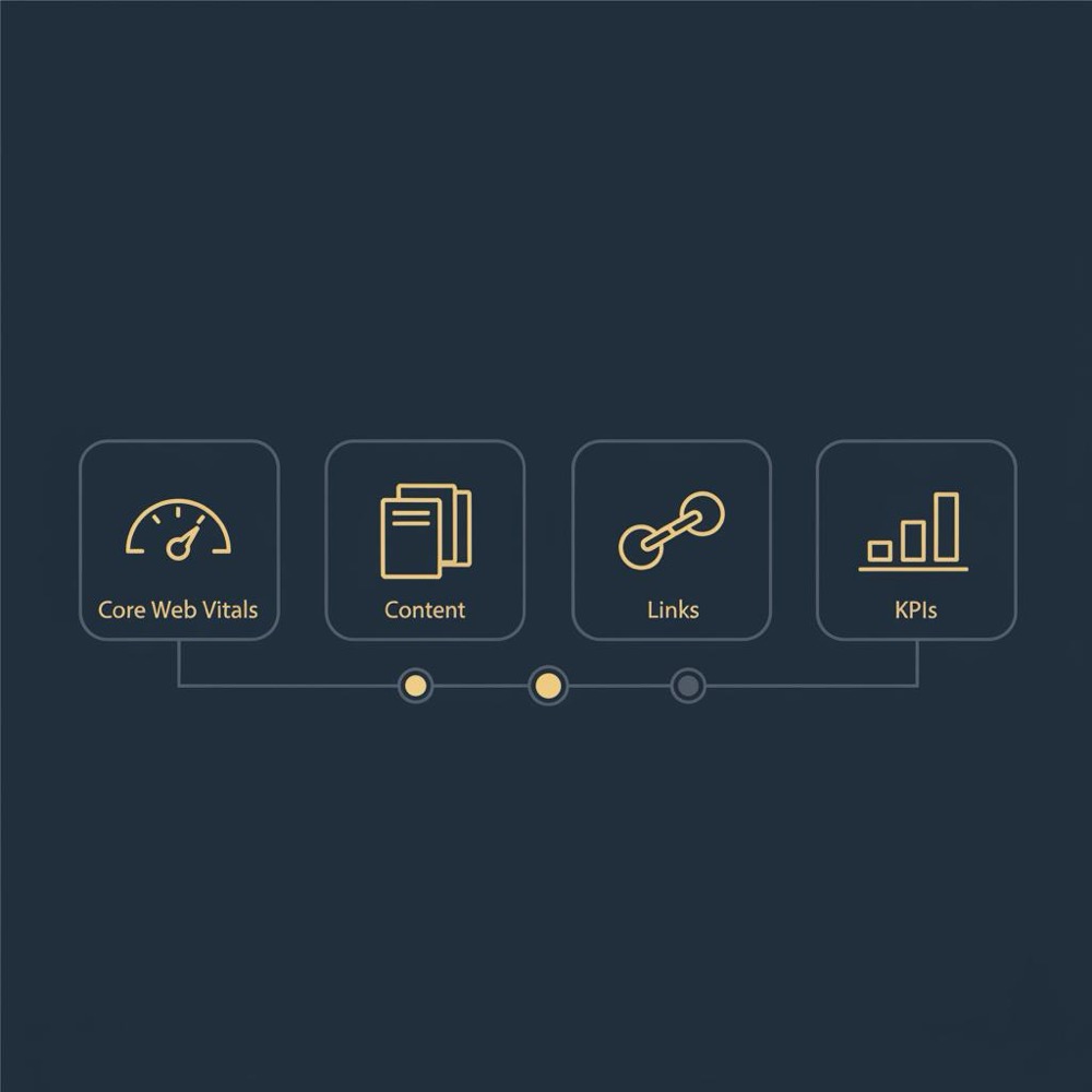 Minimal 2D vector infographic for a 3 month seo plan showing icons for Core Web Vitals, content, links and KPIs on a dark blue branded background.