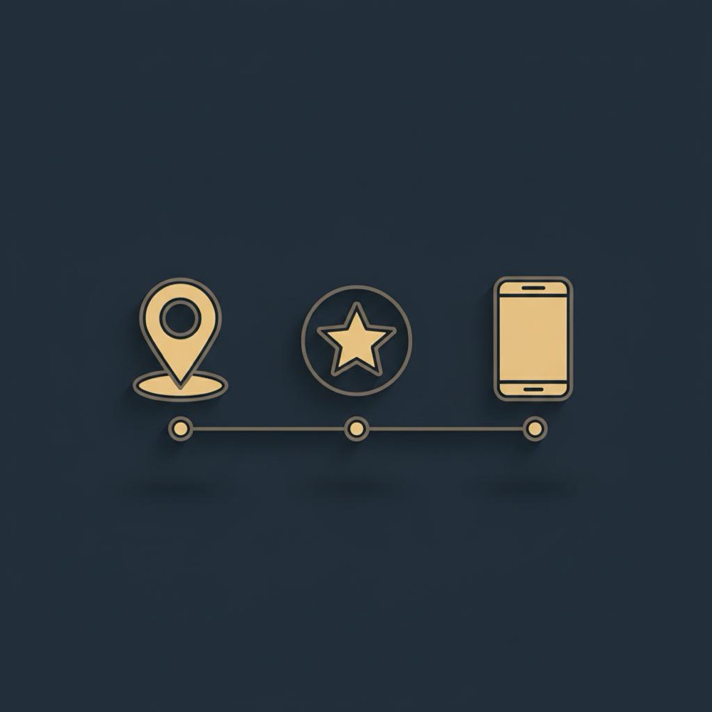Minimal 2D vector infographic panel with map marker, star review and mobile phone icons on #0B1E33 background with #C8A45D and #2E3237 accents, illustrating how to optimize local search.