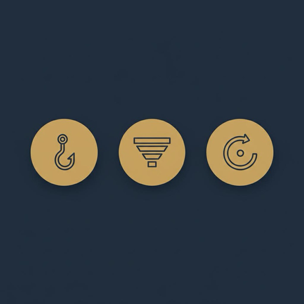 Minimal 2D vector infographic with three circular icons (micro-hook, triage funnel, follow-up arrow) on deep navy background, styled for 3-3-3 rule sales