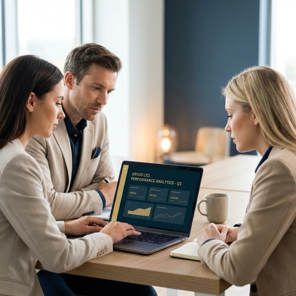Small marketing team of three reviewing a laptop dashboard in a minimalist Orvus Ltd office with brand colors 0B1E33 and C8A45D longtail seo