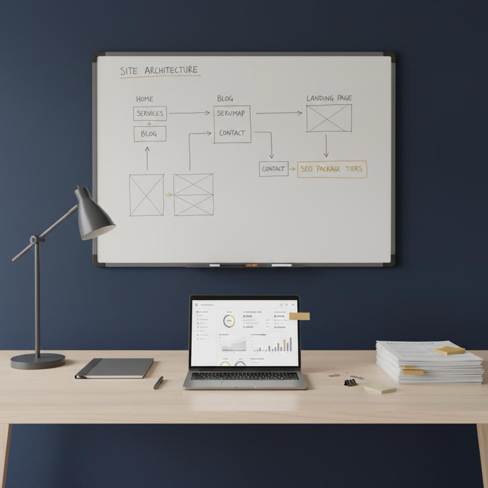 Minimalist office scene with whiteboard site architecture sketch, laptop displaying analytics dashboard and printed content briefs, subtle brand accent #C8A45D - seo agency pricing