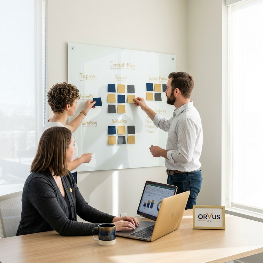 Small marketing team mapping topics on a whiteboard with sticky notes and a laptop for seo for blog posts in a minimal Orvus Ltd color palette