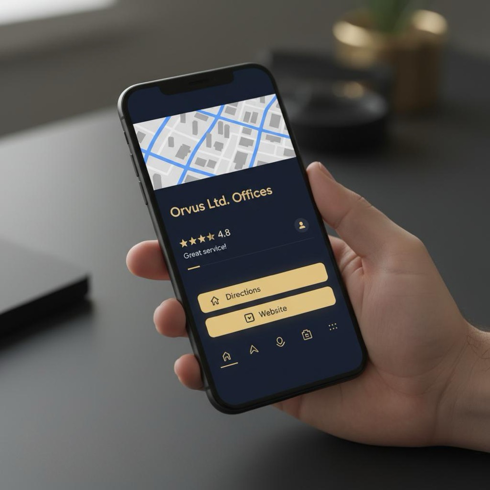 Close-up of a business owner&rsquo;s hand holding a phone showing a Google Maps business profile, illustrating how to get a Google review removed quickly in a navy-gold minimalist palette.