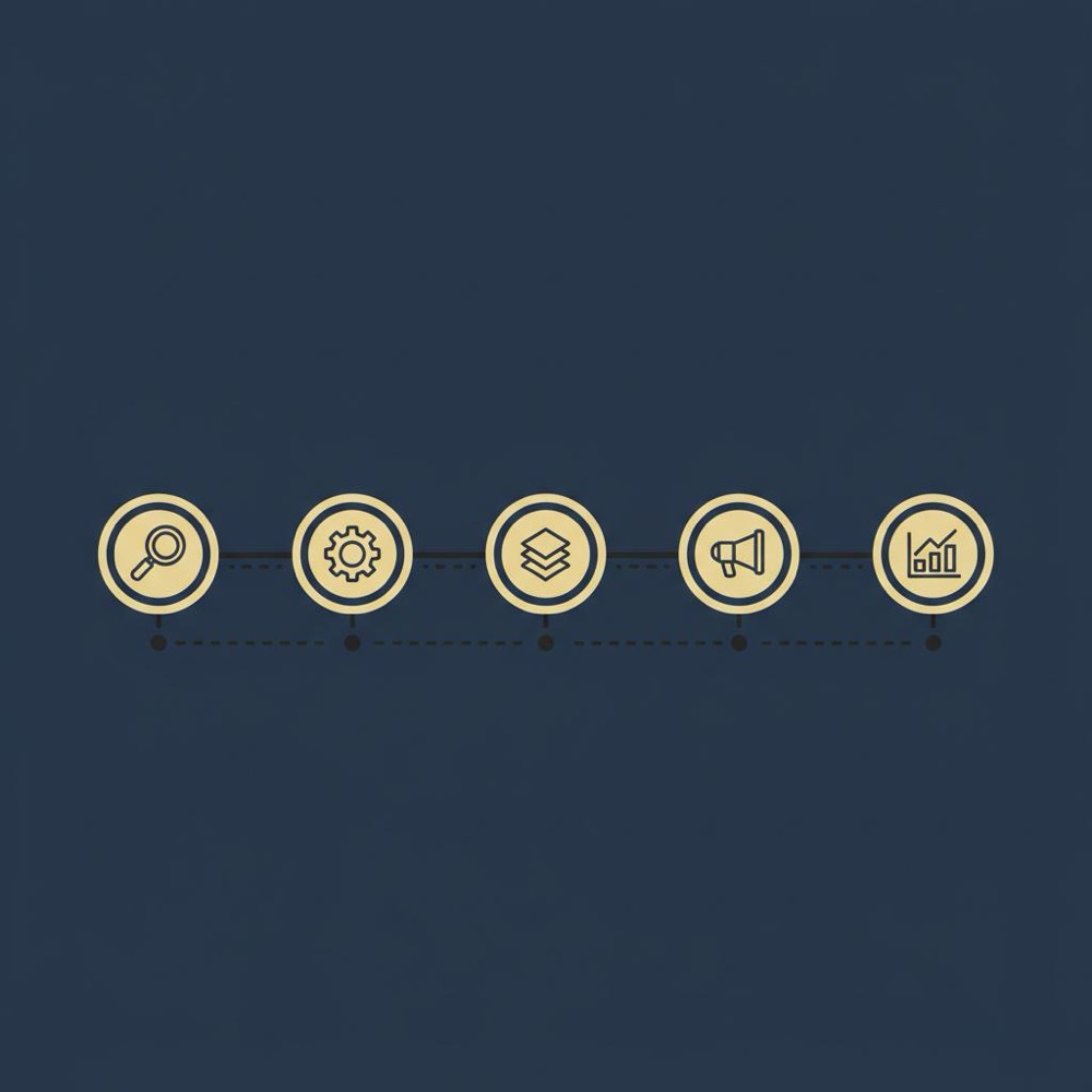 Minimal 2D vector 6-month roadmap infographic with five milestone icons (diagnostic, technical fixes, content scale, outreach, measurement) in Orvus colors for seo management