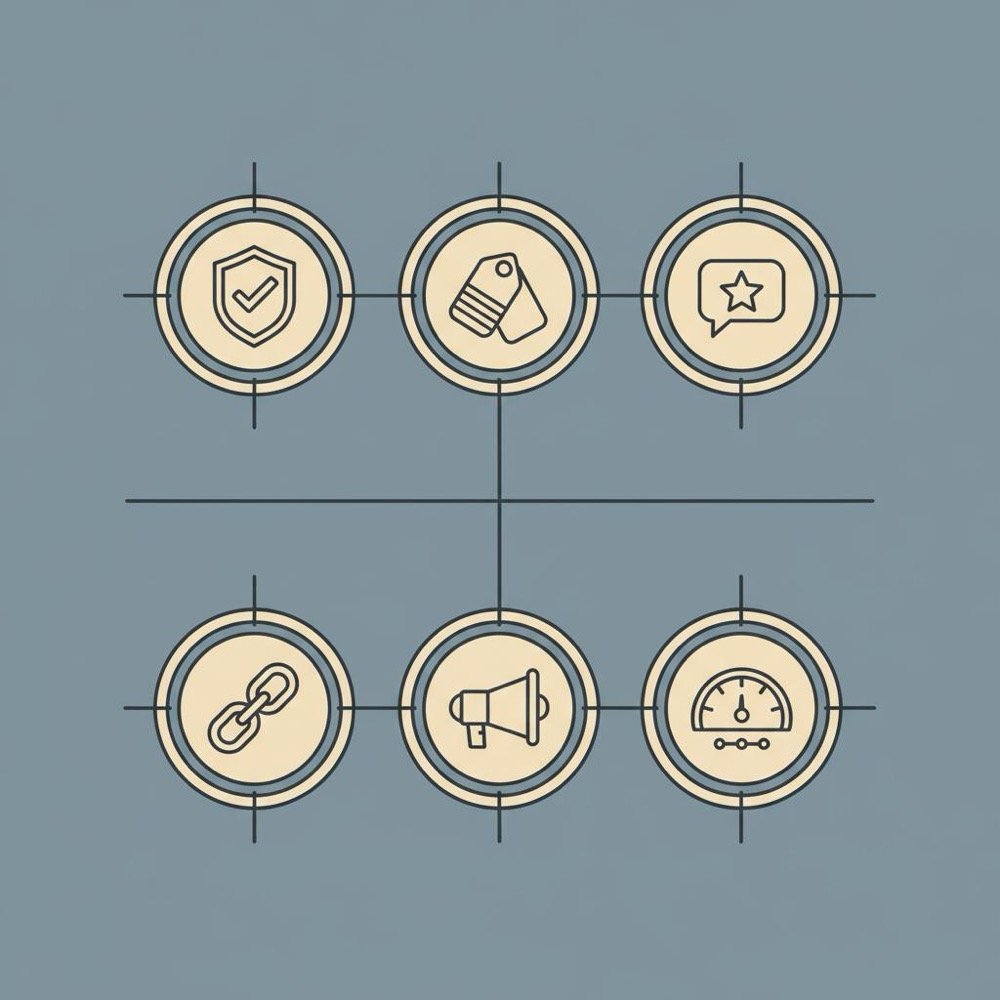 Minimal 2D vector infographic showing six icons for Claim &amp; Verify, Categories, Reviews, Links, Posts, Measurement on dark blue background, illustrating google my business ranking