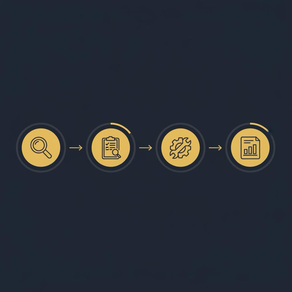 Minimal 2D vector infographic flowchart of four icons (magnifying glass, checklist, wrench, bar chart) connected by gold arrows on a dark navy background - Semrush review