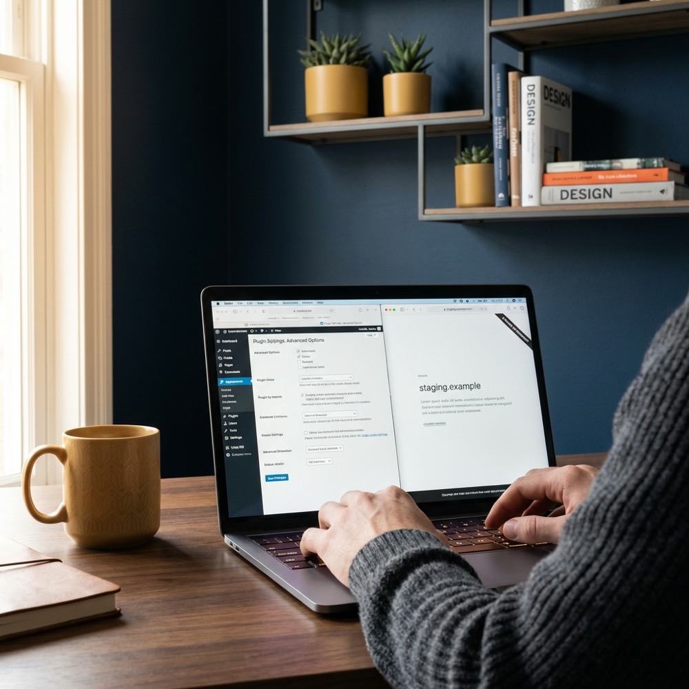 Developer reviewing WordPress plugin settings on laptop with staging site visible in browser tab focusing on rankmath seo in a minimalist navy workspace