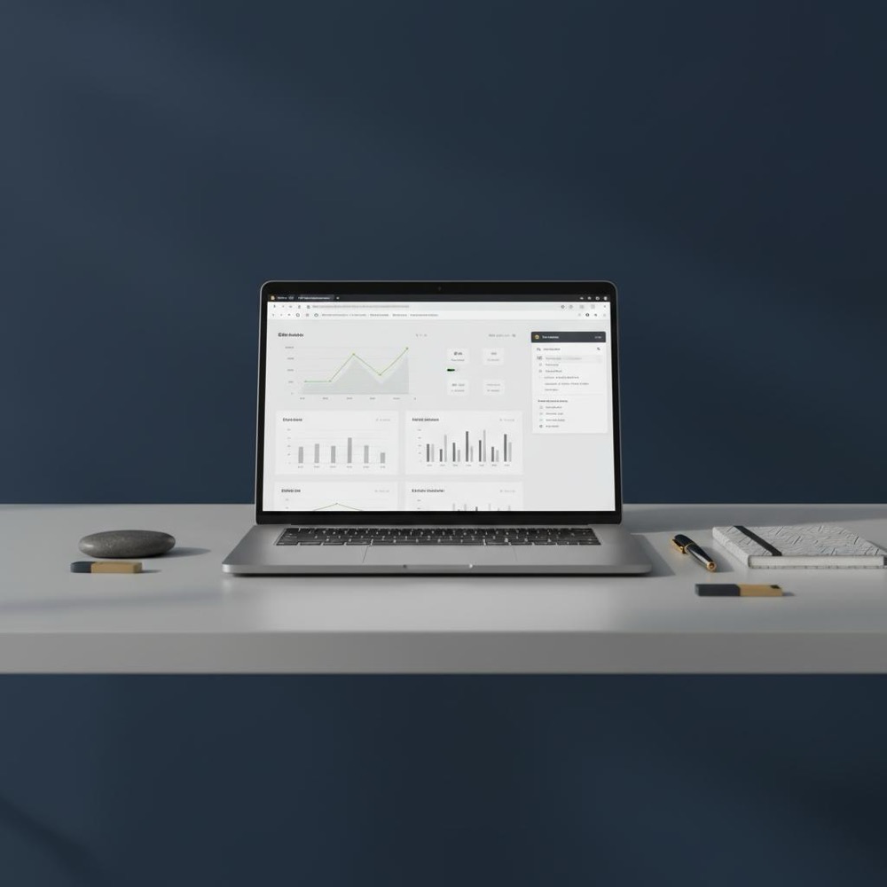 Minimalist workspace with laptop showing a generic analytics dashboard and browser search results, notepad and pen in Orvus Ltd. accent #C8A45D - Moz