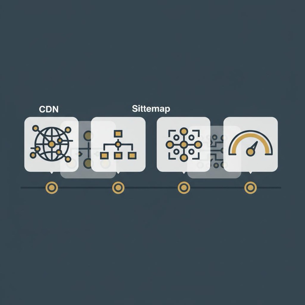 Minimal 2D vector infographic of CDN, sitemap, schema and speedometer icons in Orvus Ltd brand colors on dark background illustrating WordPress SEO