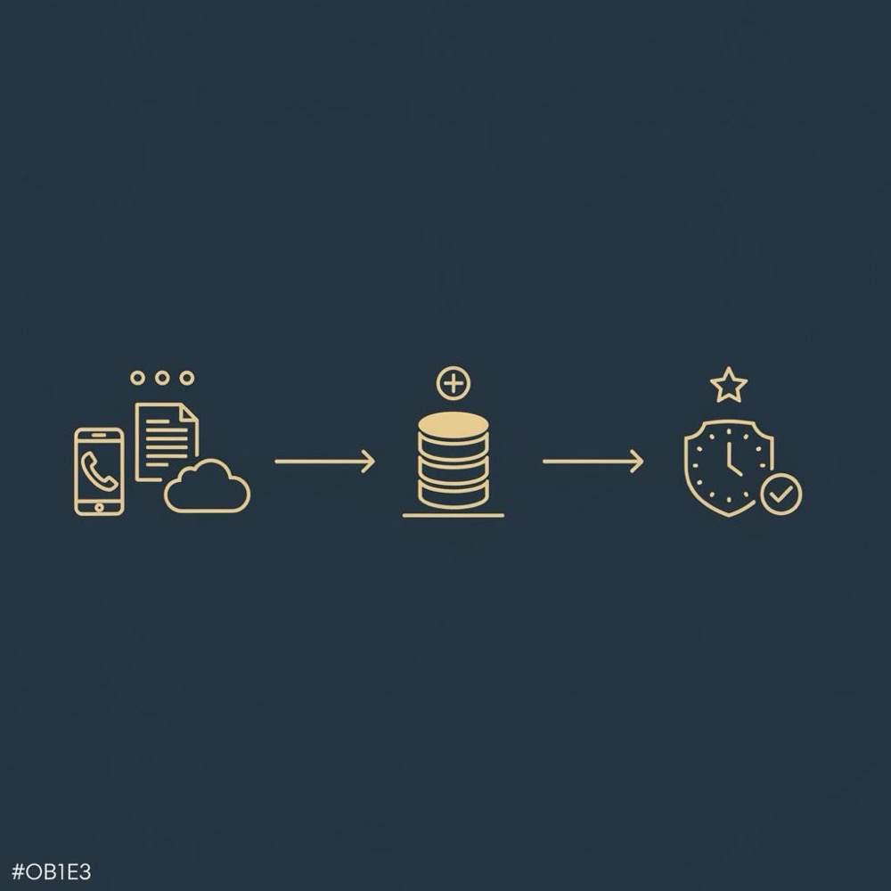 Minimal 2D vector infographic of a data flow map (sources → storage → retention) on dark blue background using gold and slate accents to illustrate data privacy.