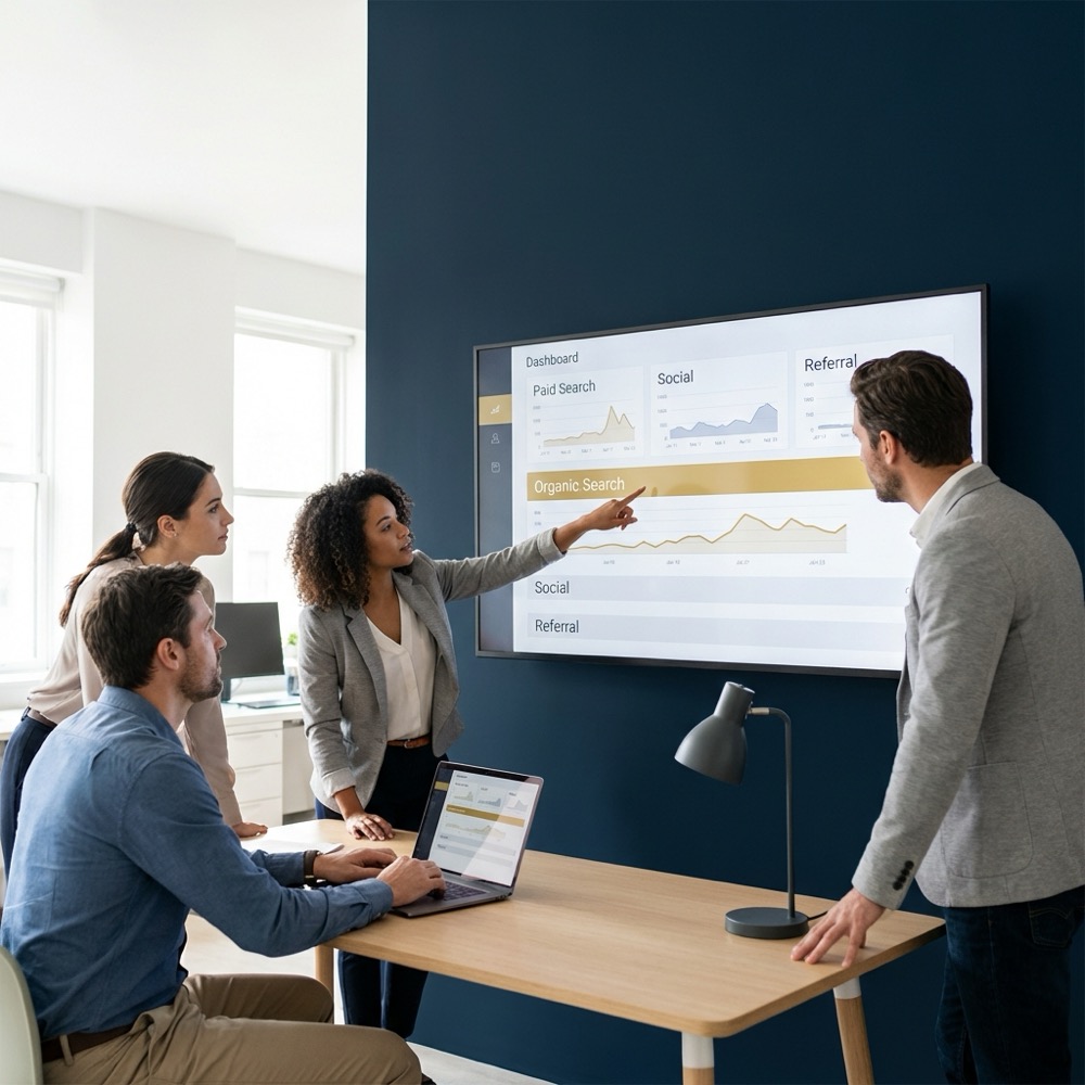 Small cross functional team reviewing a dashboard with labeled search channels highlighting organic search in a minimalist modern office using Orvus Ltd brand colors