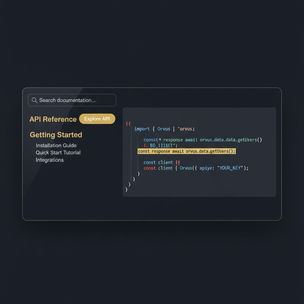 Minimalist SaaS SEO documentation interface on dark #0B1E33 background showing a visible search bar, headings, readable code snippet, and a prominent gold CTA button.