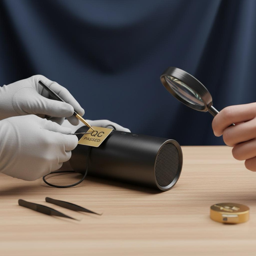 Hands inspecting a product on a wooden table with Orvus Ltd. gold accent, evoking e-commerce quality control. Does Amazon use SEO or SEM?