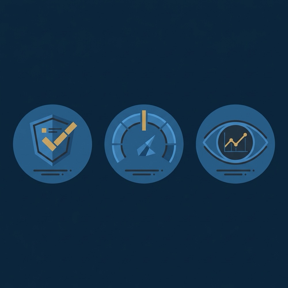 Minimal 2D vector infographic with three icons for vetting rate limits and monitoring on dark blue background using Orvus Ltd colors backlink services