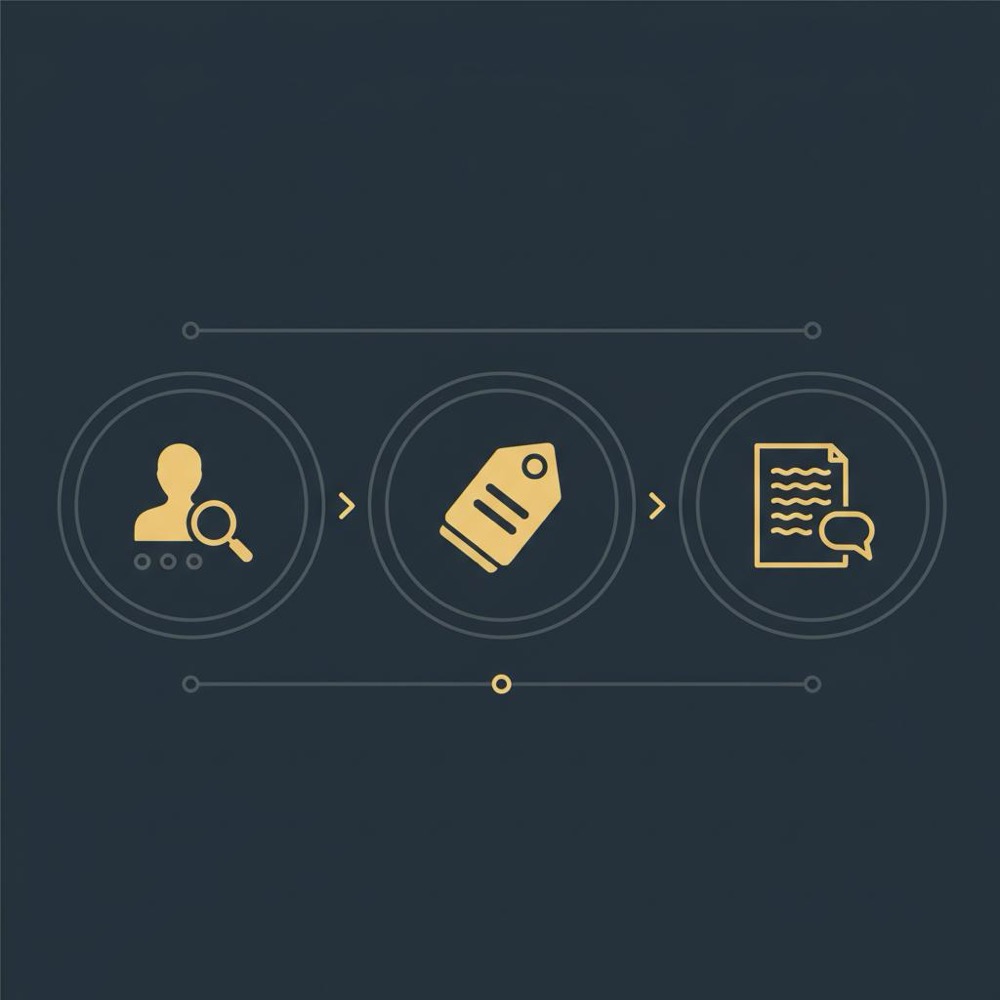 Minimal 2D vector infographic showing three icons for profile keywording, metadata, and transcripts in Orvus brand colors for social media SEO