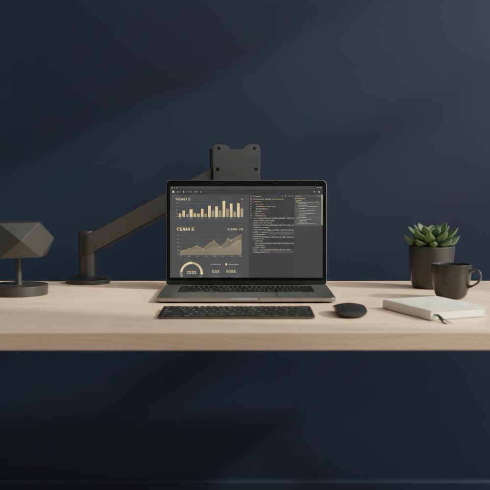 Minimalist tidy workstation with laptop showing analytics dashboard and code snippets, subtle brand palette overlays (#0B1E33 background, #C8A45D accents); suitable for articles about best SEO companies