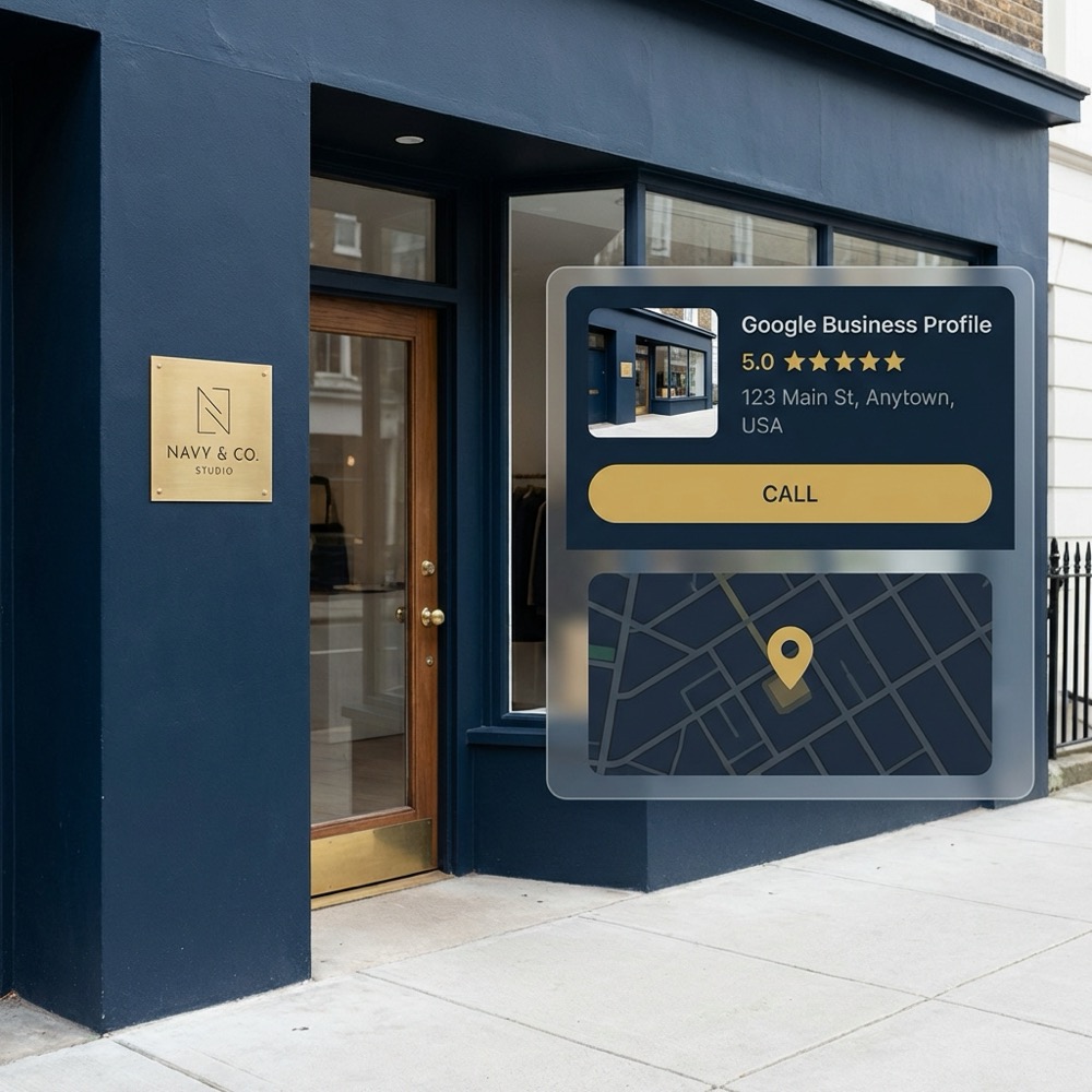 Minimalist local storefront with Google Business Profile overlay and visible map pin illustrating google maps seo local listing visualization
