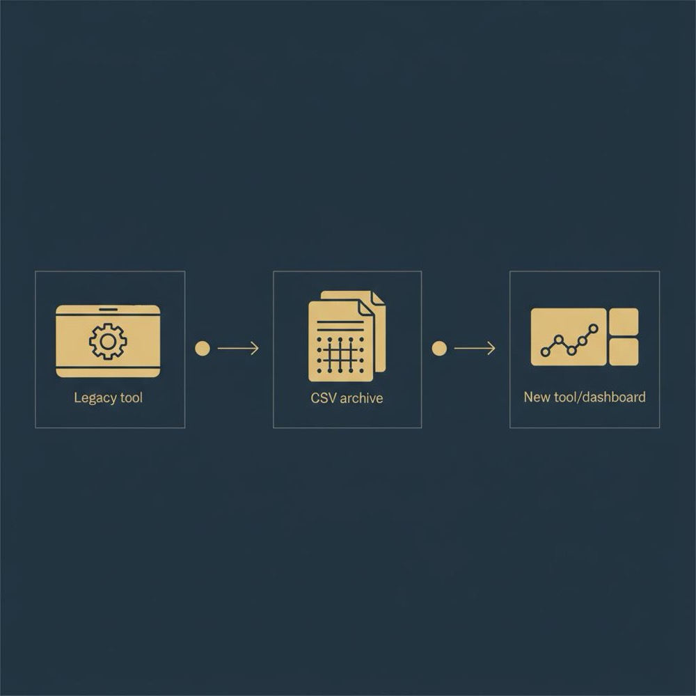 Minimal 2D vector infographic showing migration flow: legacy tool export → CSV archive → new tool import and dashboard on navy background with gold accents, alternatives to semrush
