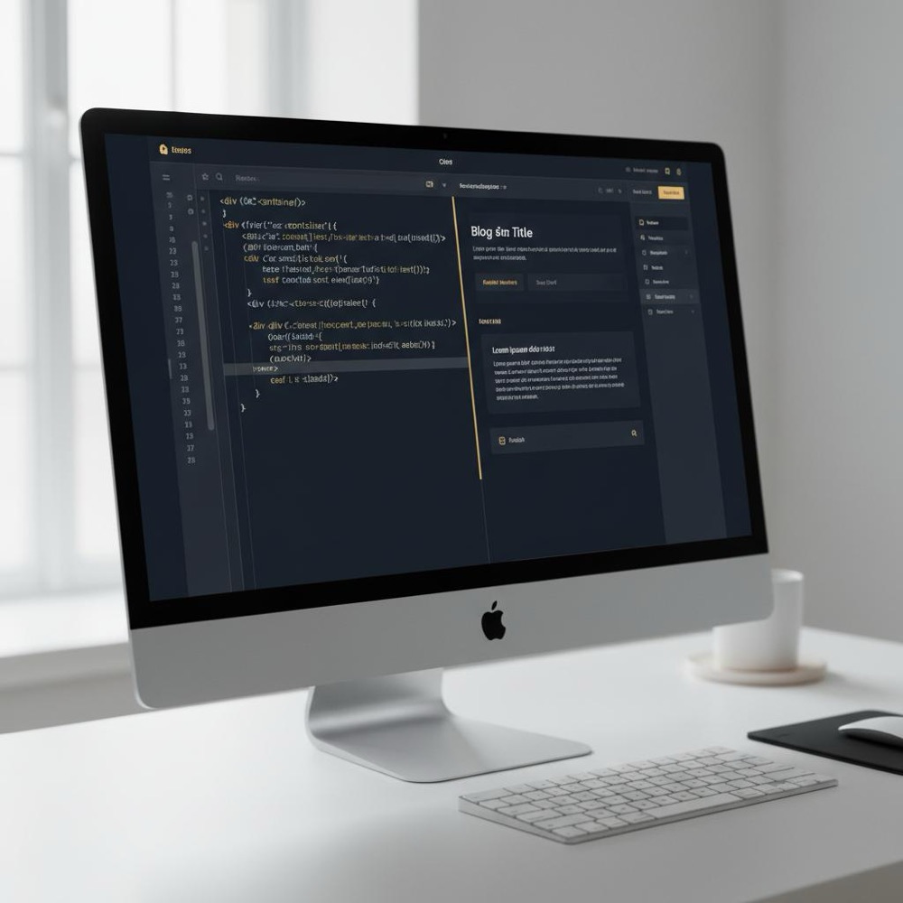 Side-by-side HTML editor and CMS page editor on a developer monitor with Orvus Ltd. brand accents #C8A45D, shallow depth of field, minimalist layout - meta keywords