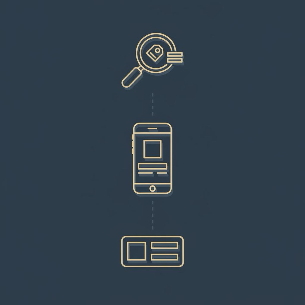 Minimal vertical vector infographic with SEO, mobile preview, and social preview icons on dark blue background using Orvus Ltd. colors, illustrating meta tags for an article