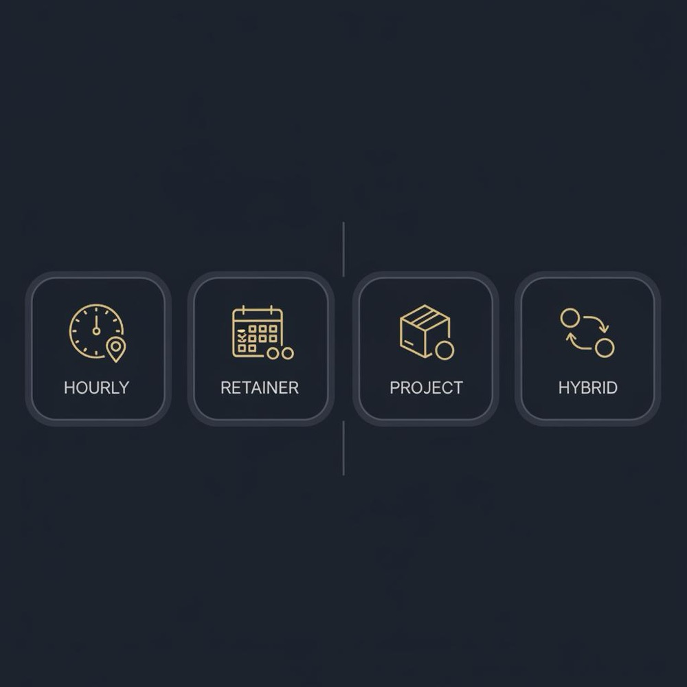 Minimal 2D vector infographic showing four SEO pricing tiers (hourly, retainer, project, hybrid) in Orvus Ltd brand colors on a navy background - how much does SEO cost