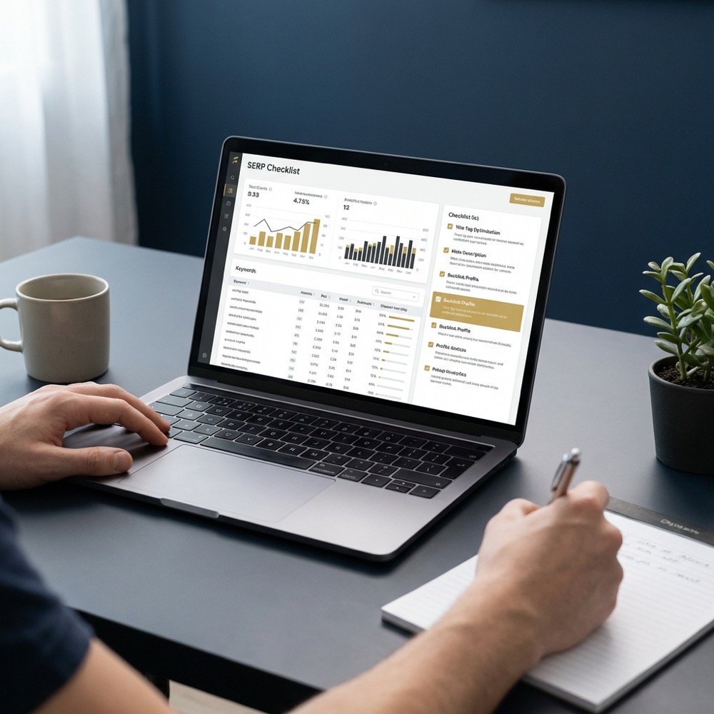 Person reviewing serp google checklist on laptop with analytics charts and handwritten notes on a minimalist navy and gold workspace