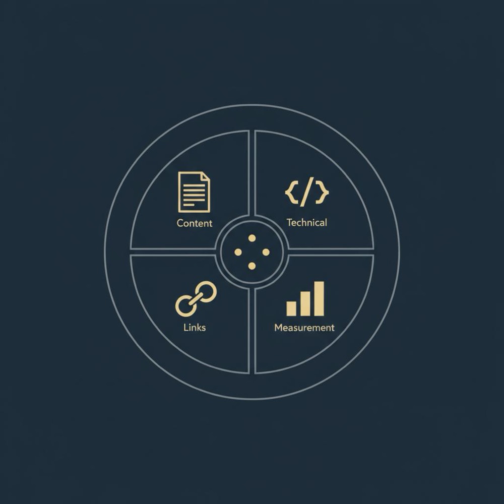 Circular 2D vector process diagram for SEO specialist showing four icon segments (technical, content, links, measurement) in Orvus Ltd colors on a #0B1E33 background.
