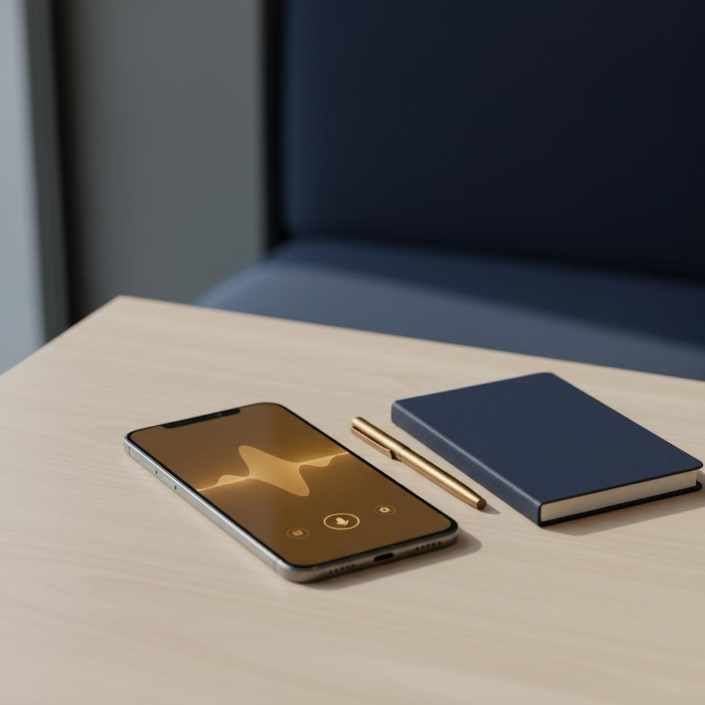 Smartphone on a café table showing a voice assistant waveform on screen with a notebook and gold-accent pen - voice search optimization visual