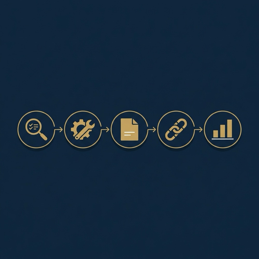 Minimal 2D vector infographic showing a five step staged workflow audit fix content links measure illustrating website search engine optimization using Orvus Ltd brand colors