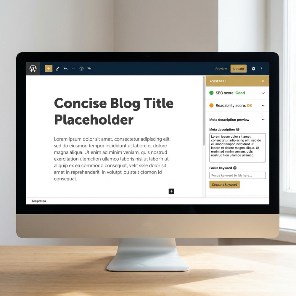 Full frame screenshot of WordPress post editor showing yoastseo analysis panel on the right with SEO and readability scores in Orvus Ltd navy and gold color scheme