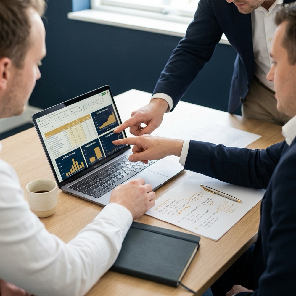 Three person team reviewing backlink analysis spreadsheet and dashboard on a laptop at a minimalist desk with navy and gold brand colors full frame photo
