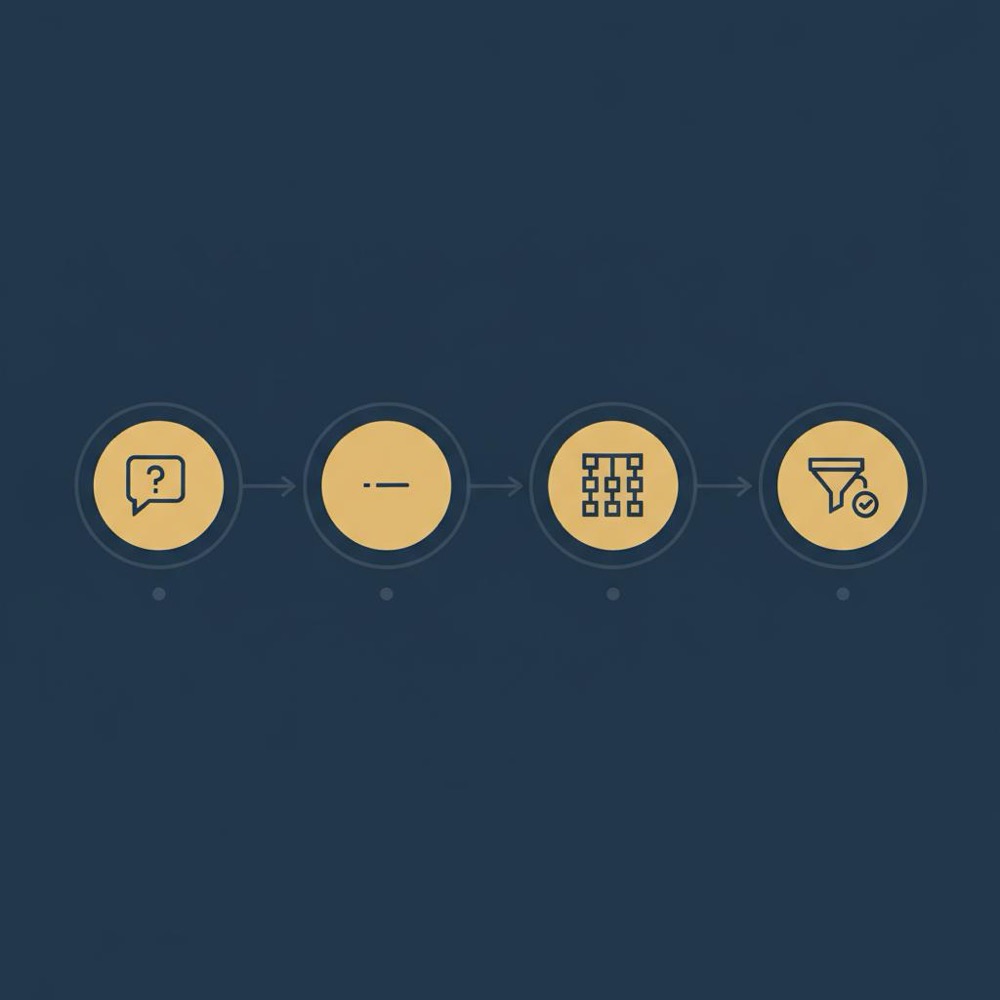 Flat 2D vector infographic of a four-step voice search optimization flow - question, short answer, schema, micro-conversion - in Orvus Ltd brand colors on a dark background.
