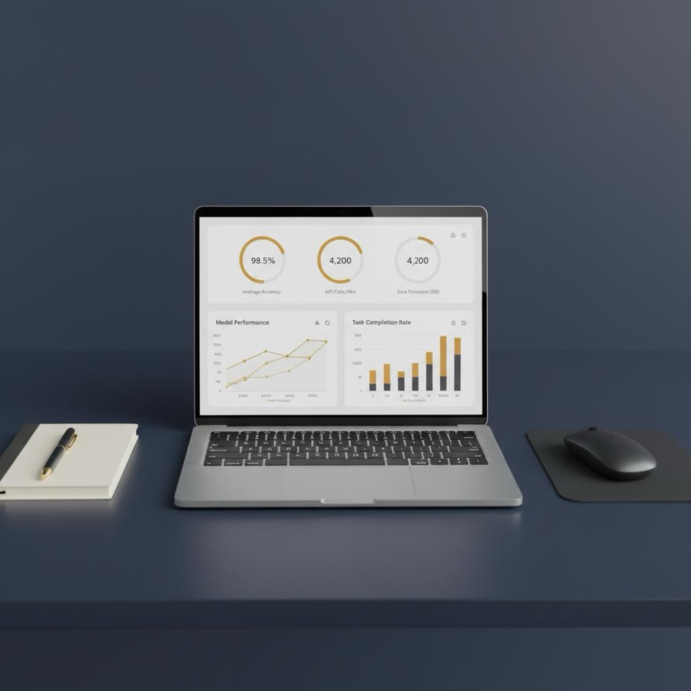 Minimalist laptop workspace showing an AI usage dashboard with metrics and charts on a dark blue desk, subtle #C8A45D and #2E3237 accents - small business AI cost