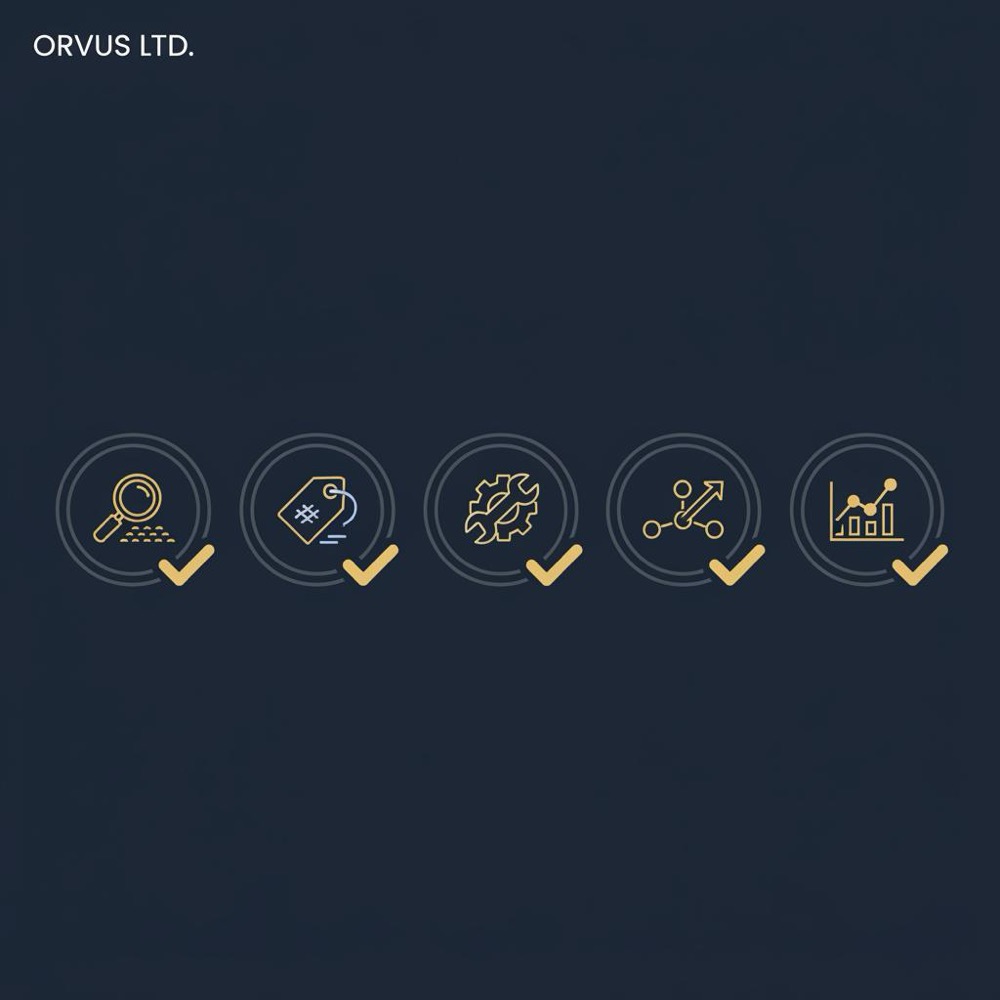 Minimal 2D vector Moz weekly checklist infographic with five icon-only check badges (crawl, keywords, fixes, outreach, track) on #0B1E33 with #C8A45D and #2E3237 accents.