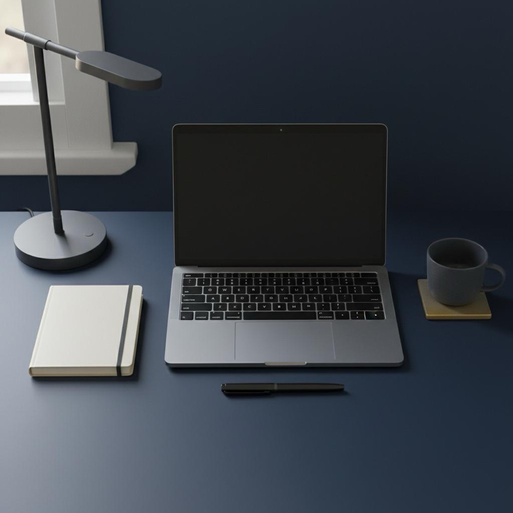 Tidy minimalist writer's desk with laptop, notebook with a #C8A45D spine and a coffee cup in the corner under natural light - how to write an article