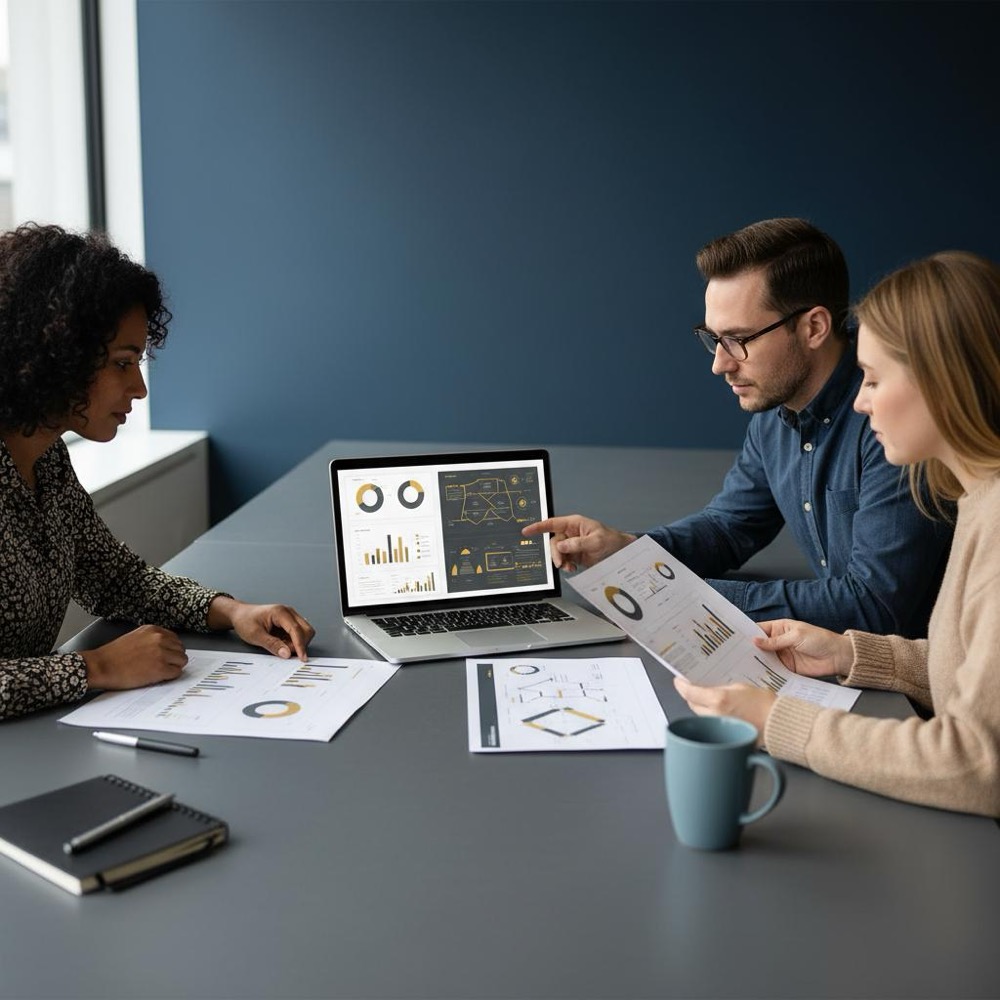 Small team reviewing charts and a sitemap on a laptop with subtle Orvus Ltd. brand colors on-screen, illustrating how much does SEO cost during a collaborative meeting.